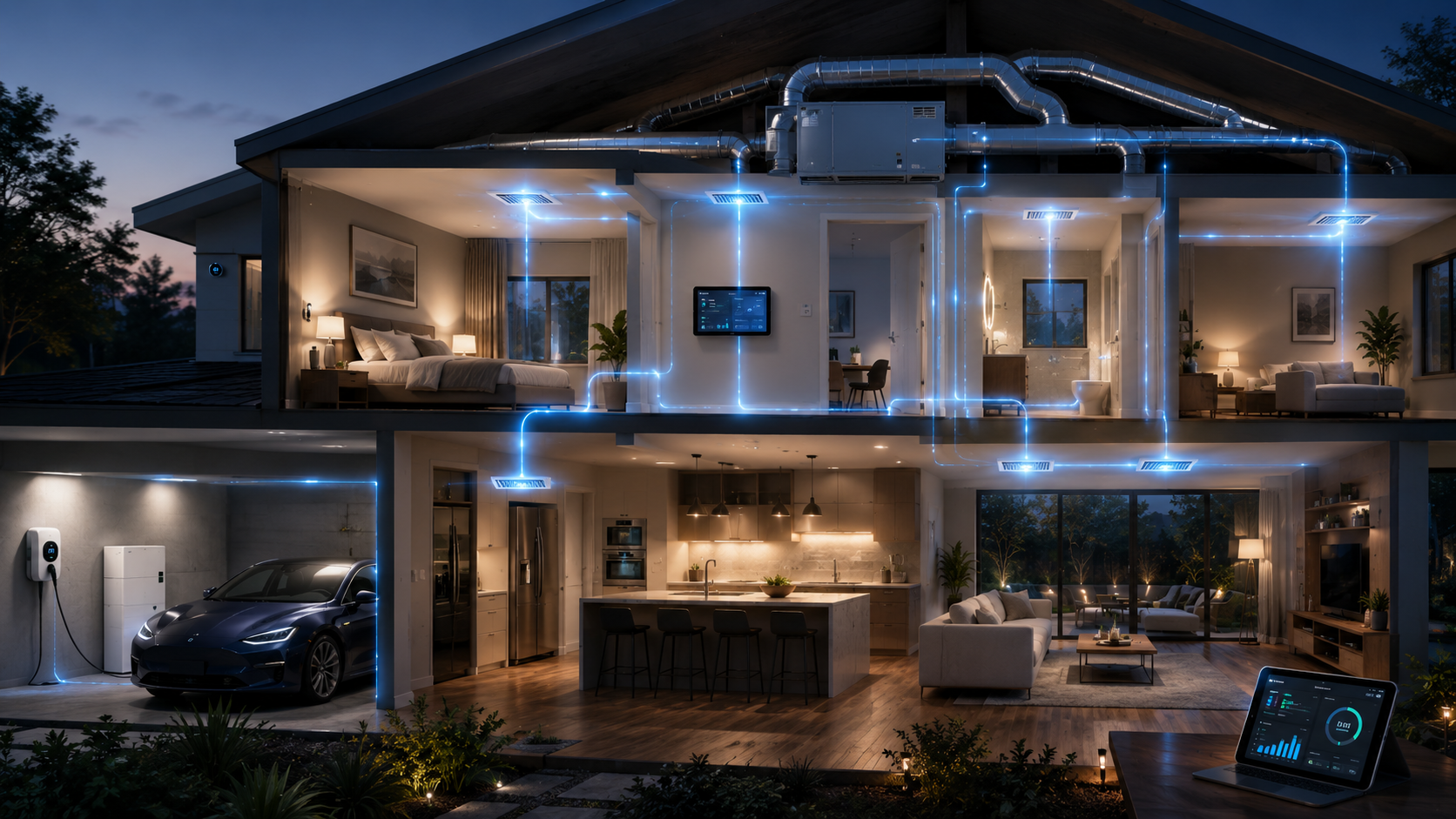Architectural cutaway of a connected smart home showing energy storage, whole-home HVAC, and home automation systems working together.