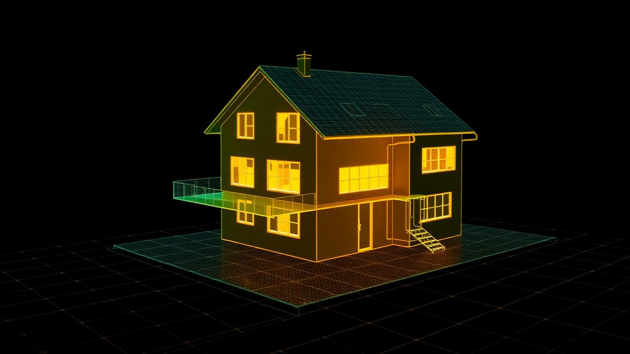 Wireframe digital twin of a house with thermal gradients over a simulation grid