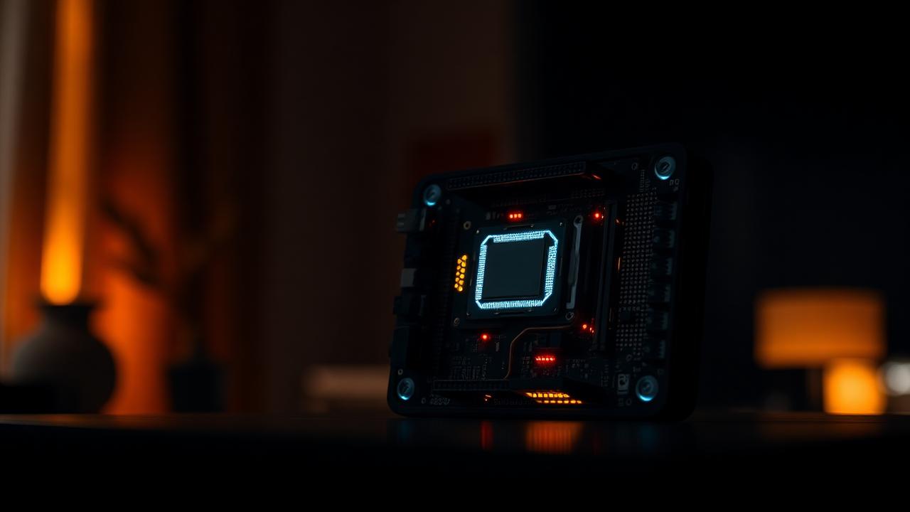 Compact edge AI computing board glowing inside a dimly lit home interior