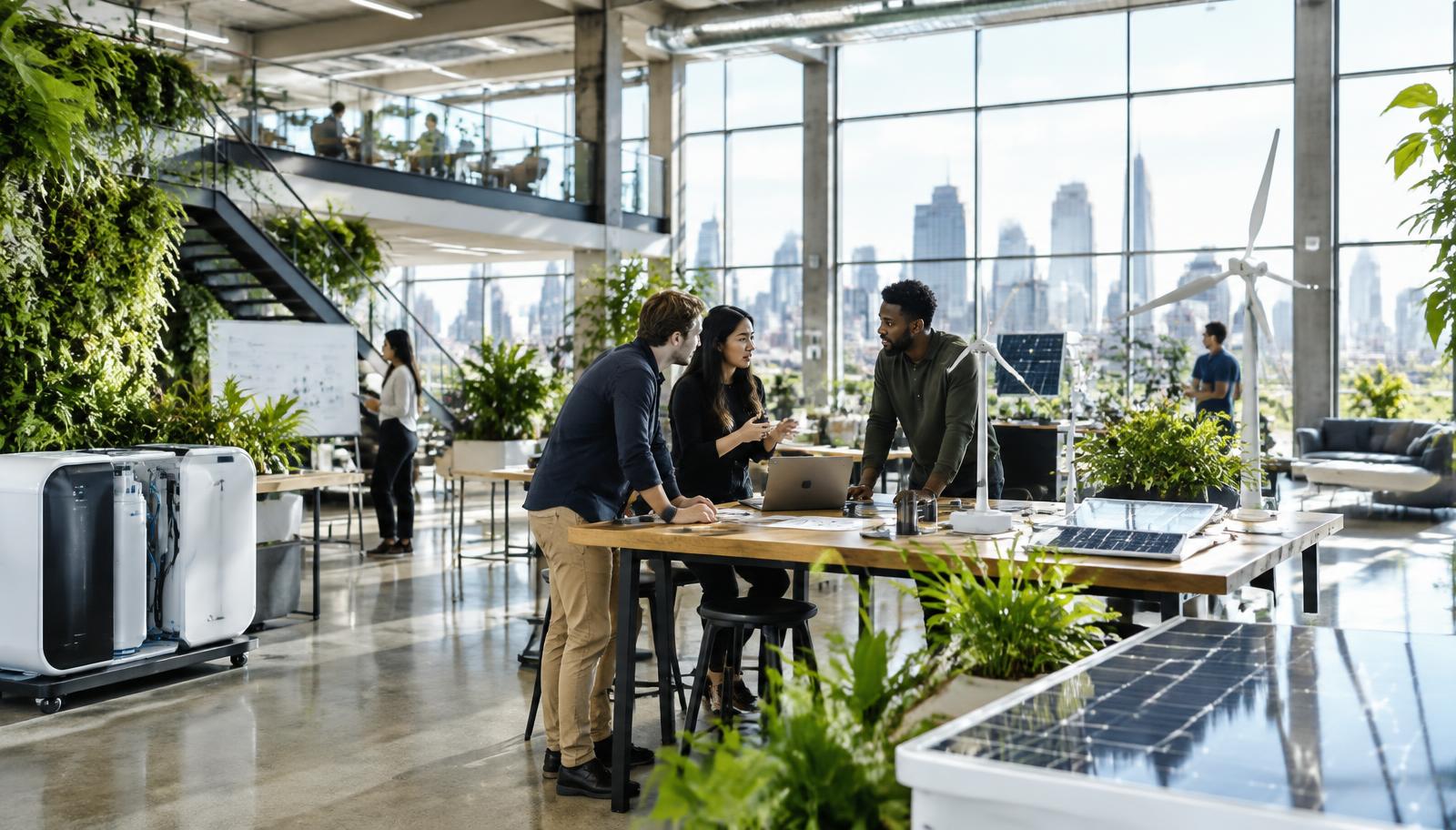 Climate-tech founders collaborating inside a bright innovation workspace