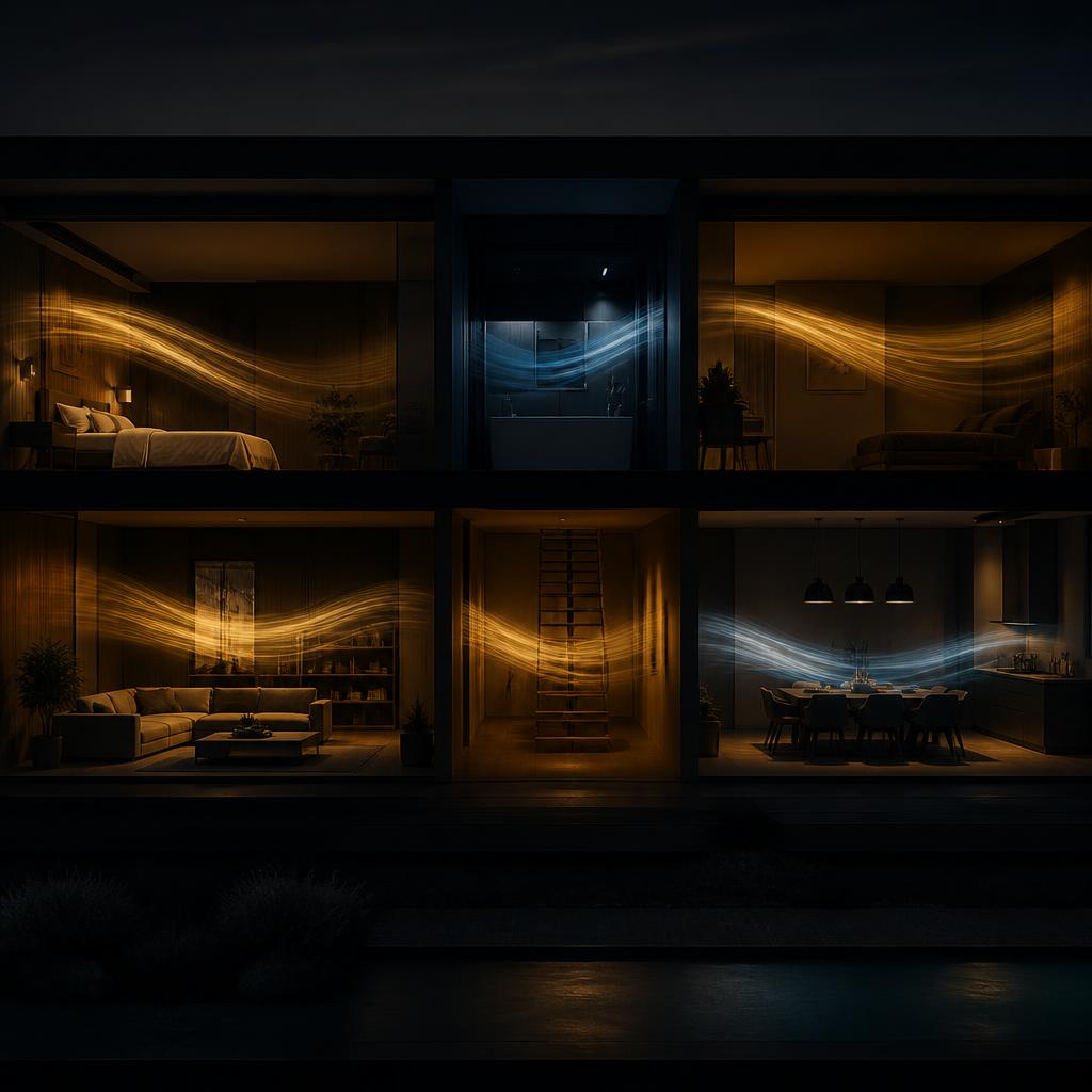 Cross-section of a modern home with glowing warm and cool airflow moving room by room