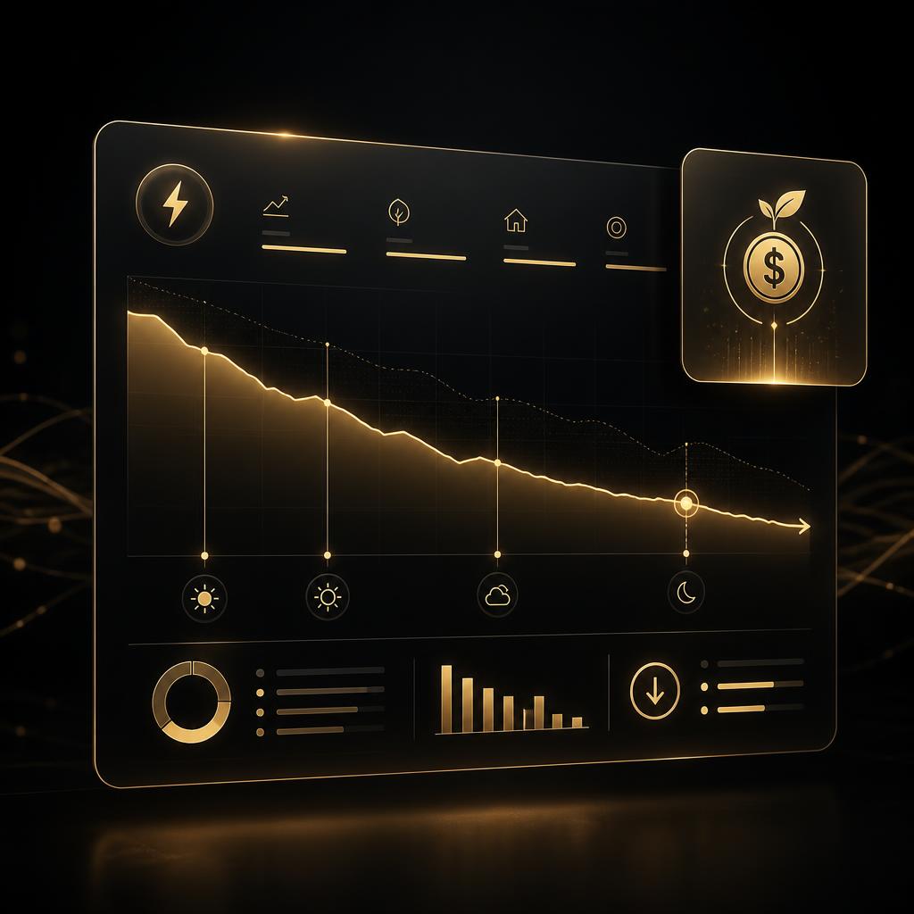 Sleek energy savings dashboard with a downward usage curve and rebate indicator