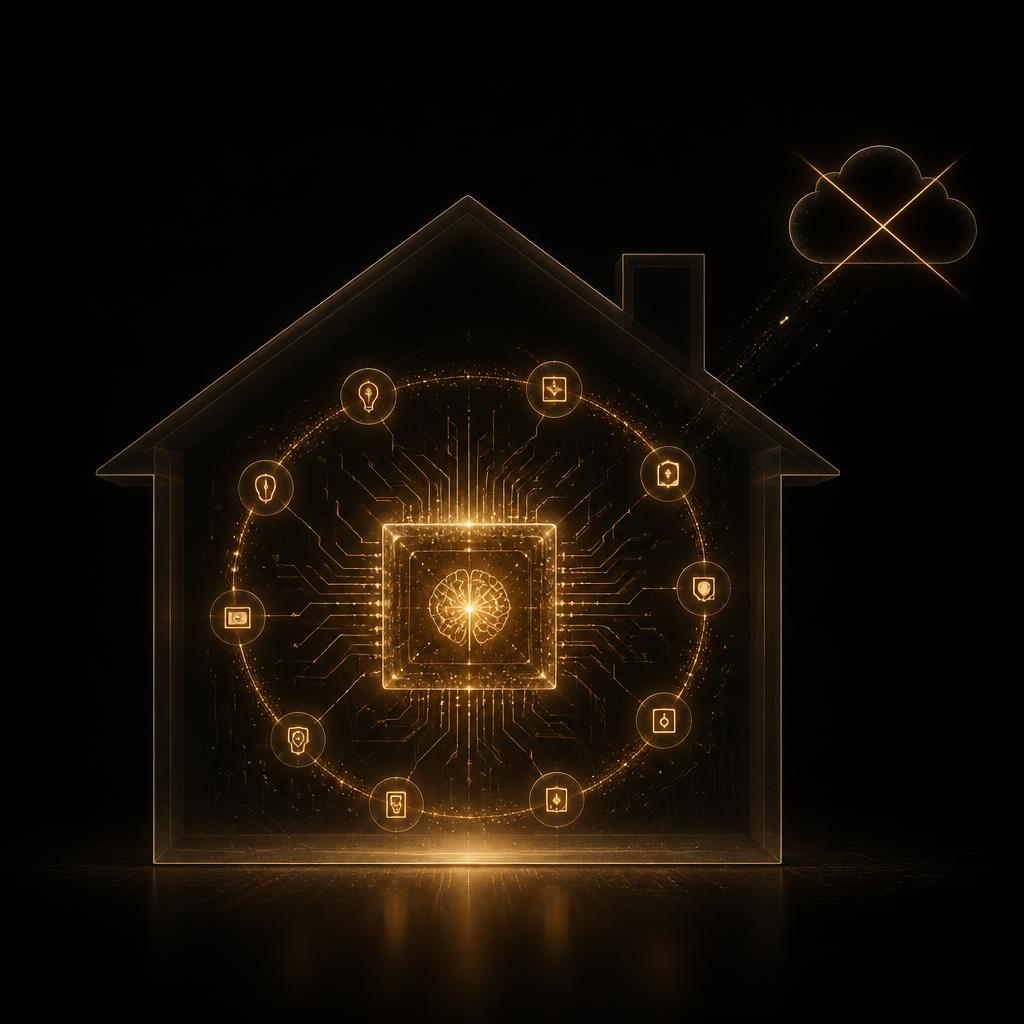 On-device AI core inside a home with data staying local and a crossed-out cloud