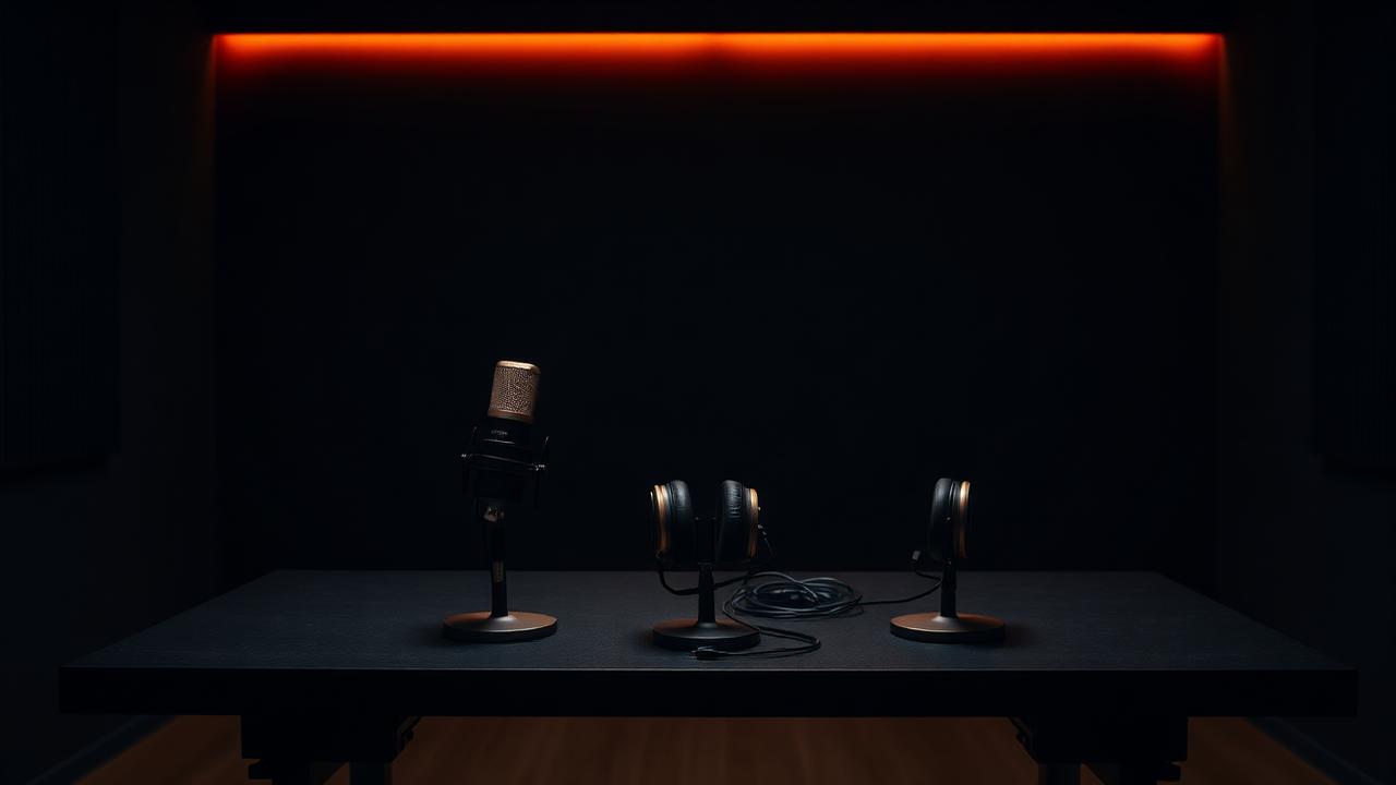 Video interview studio with condenser microphones and headphones under warm light