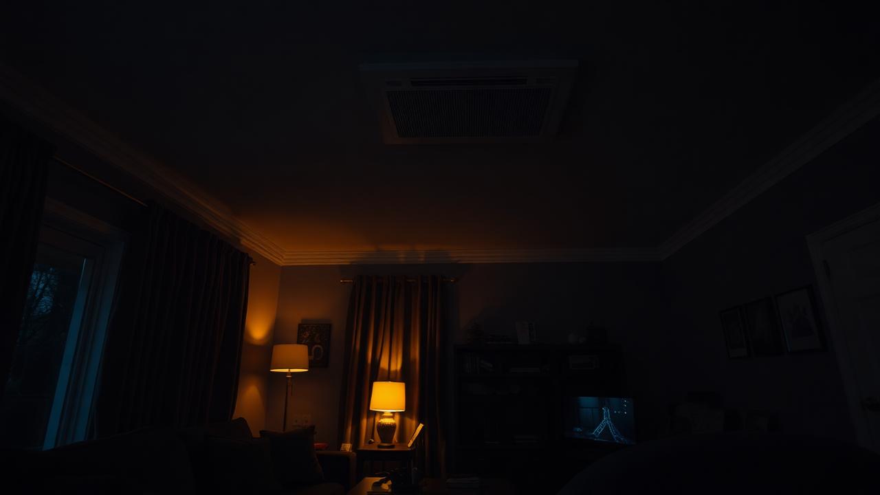 Living room at dusk instrumented with sensors and a ceiling air outlet