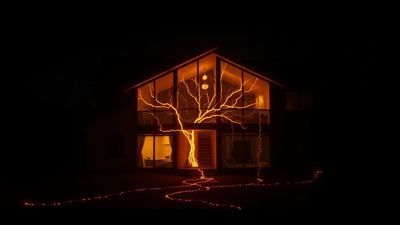 Home at night illuminated by glowing paths of light spreading room to room